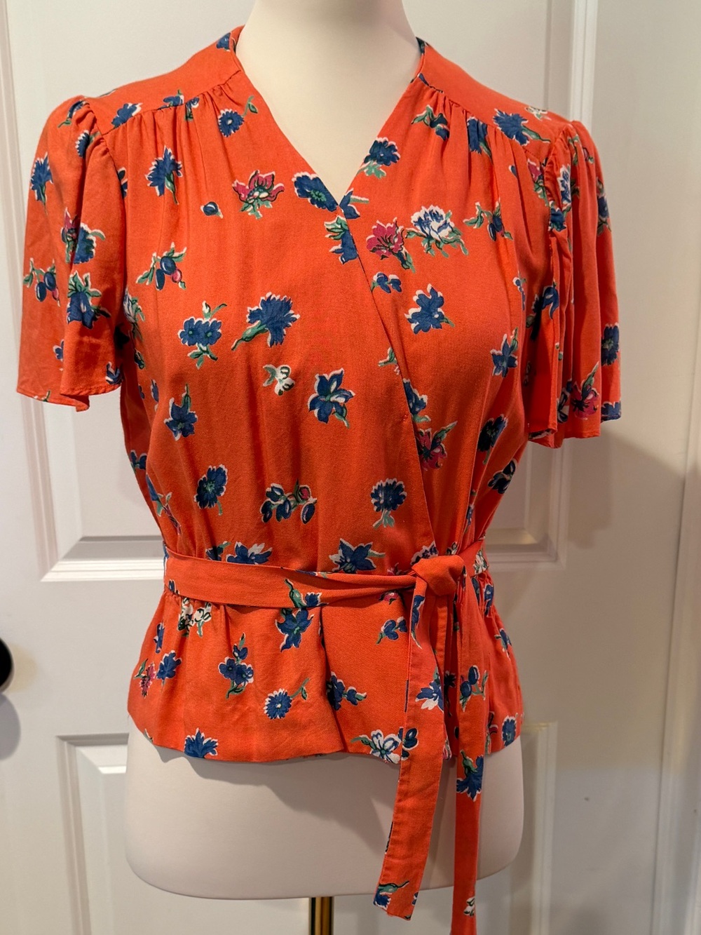 Vintage 70s Floral Wrap Tie Waist Blouse - Orange
